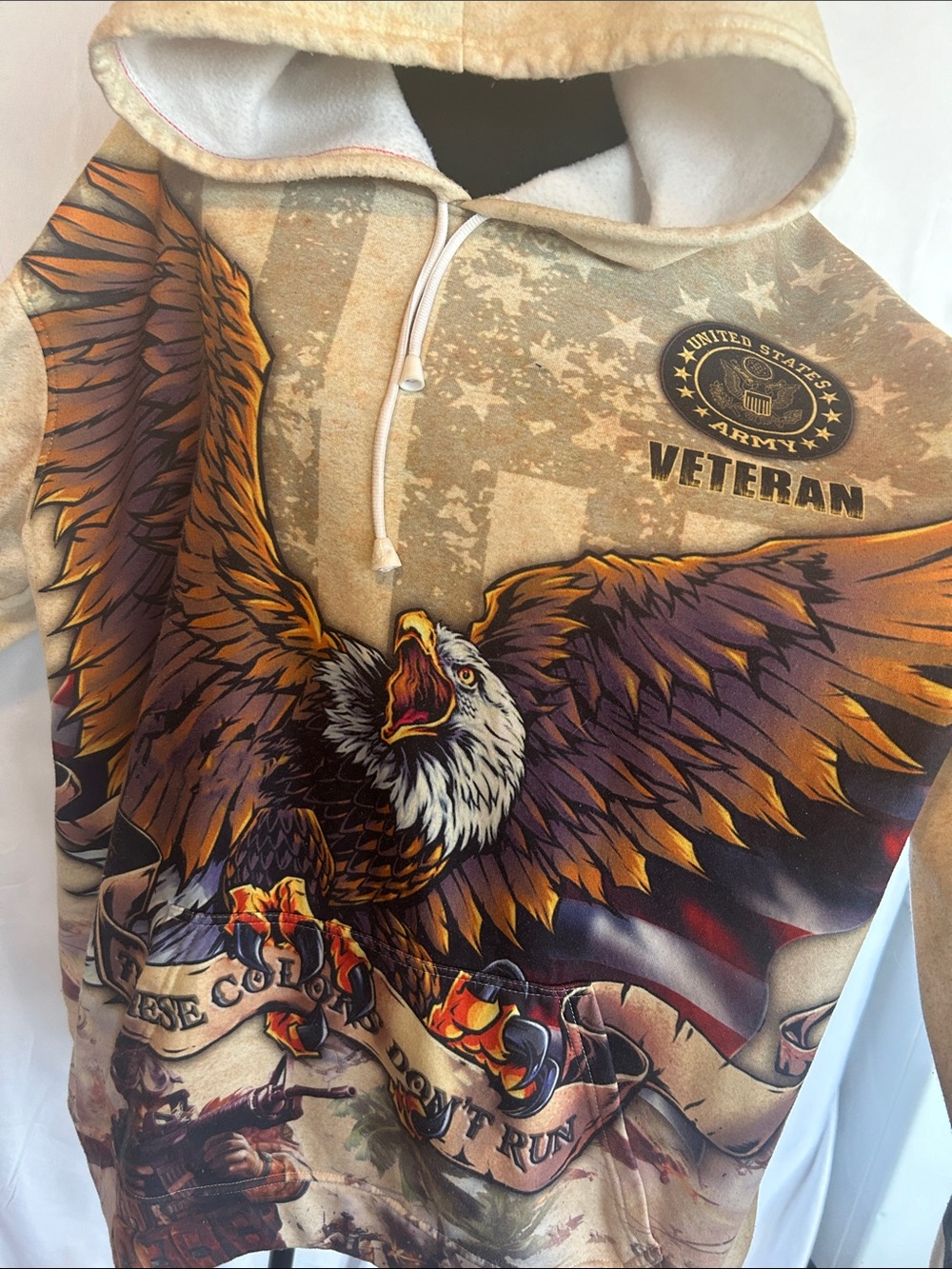 Veteran Eagle Graphic Hoodie - Tan multi colored Top